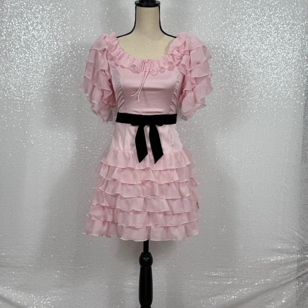 For Love & Lemons Danali Ruffle Pink Ruffle Mini Dress with Black bow - Picture 4 of 16